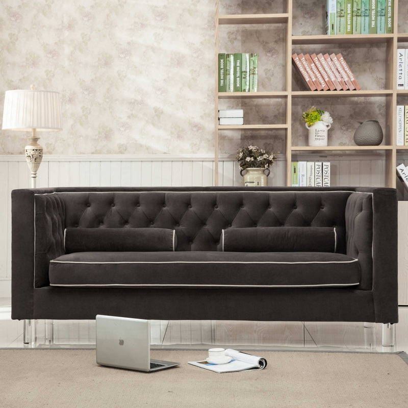HomeRoots Brown Contemporary Polyester Velvet Fabric Upholstered Button Tufted Tuxedo Sofa