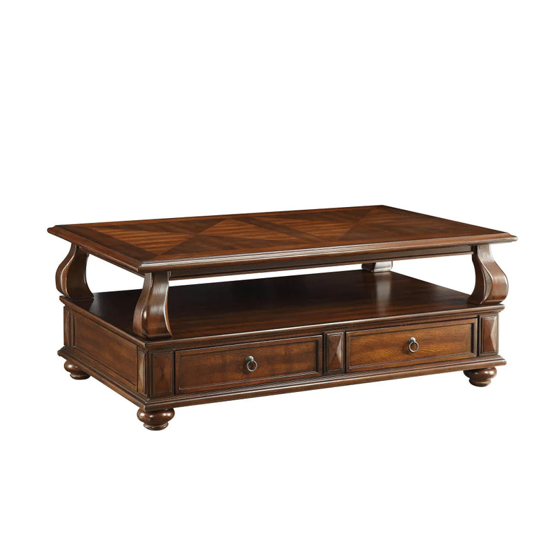 Benzara 2 Drawer Wooden Coffee Table with Bun Feet and Ring Pulls