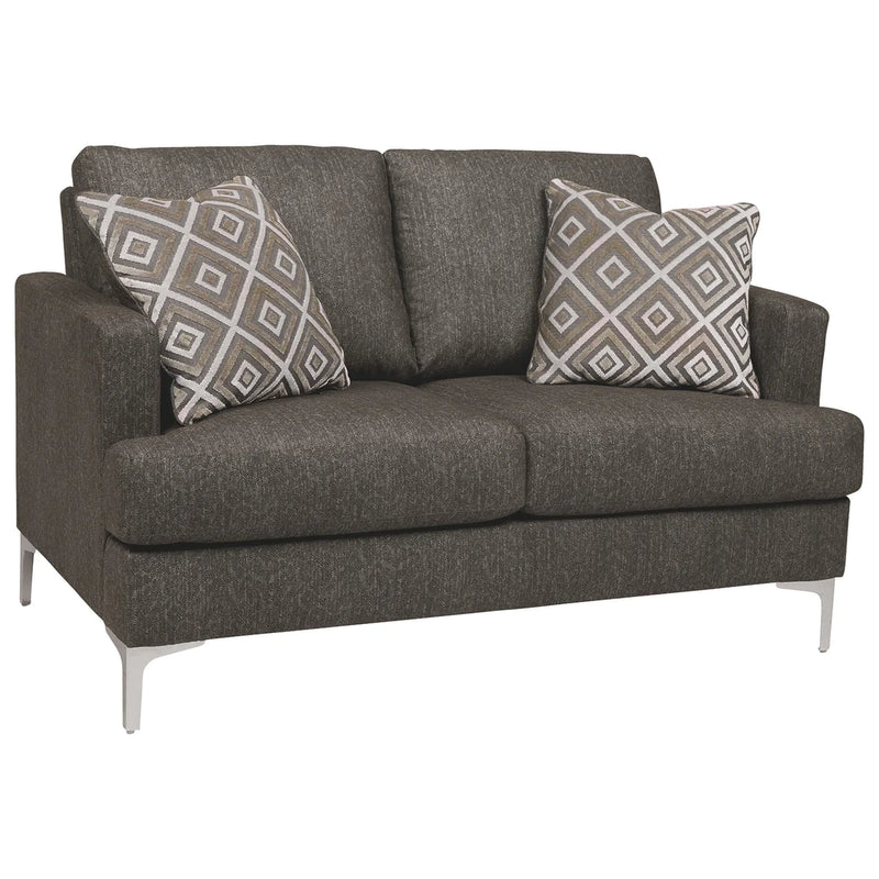 Benzara Fabric Upholstered Loveseat with Metal Bracket Legs and Track Armrests, Gray